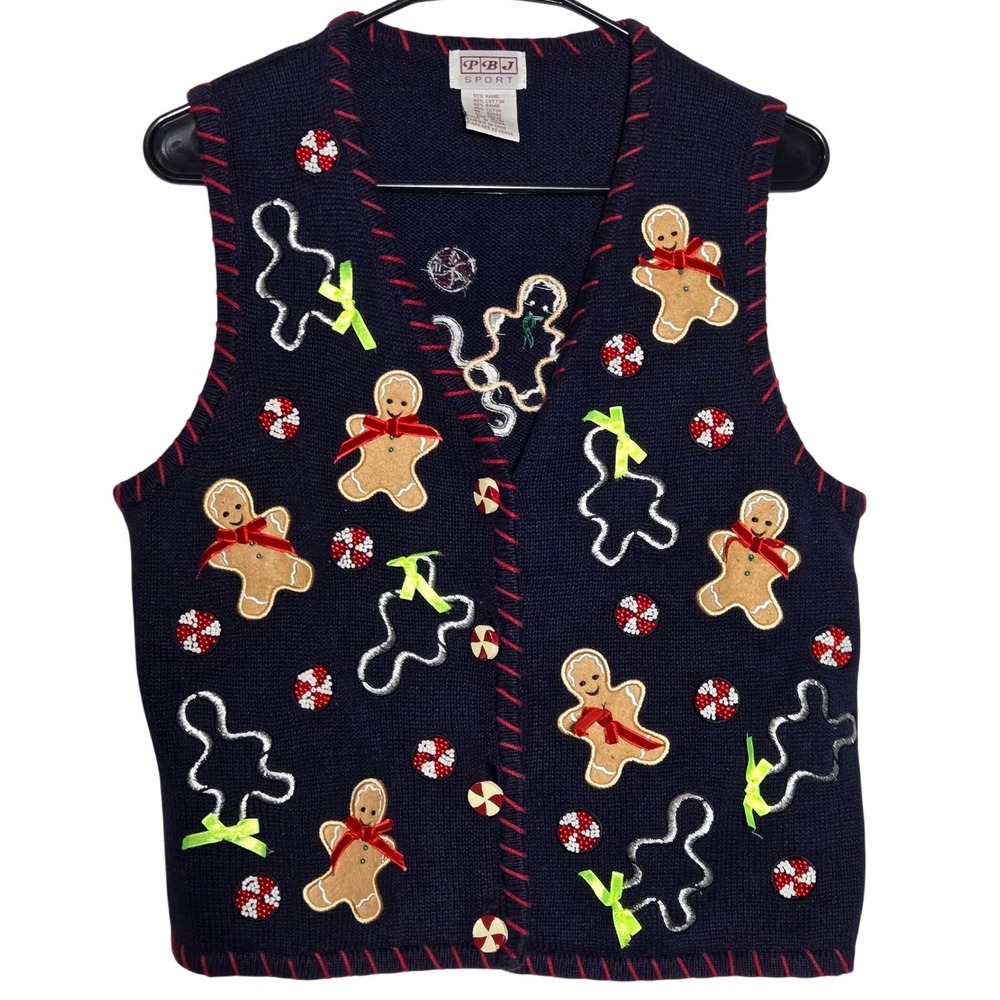 Gingerbread Peppermint Christmas Sweater Vest Medium Holiday Ugly Festive Winter
